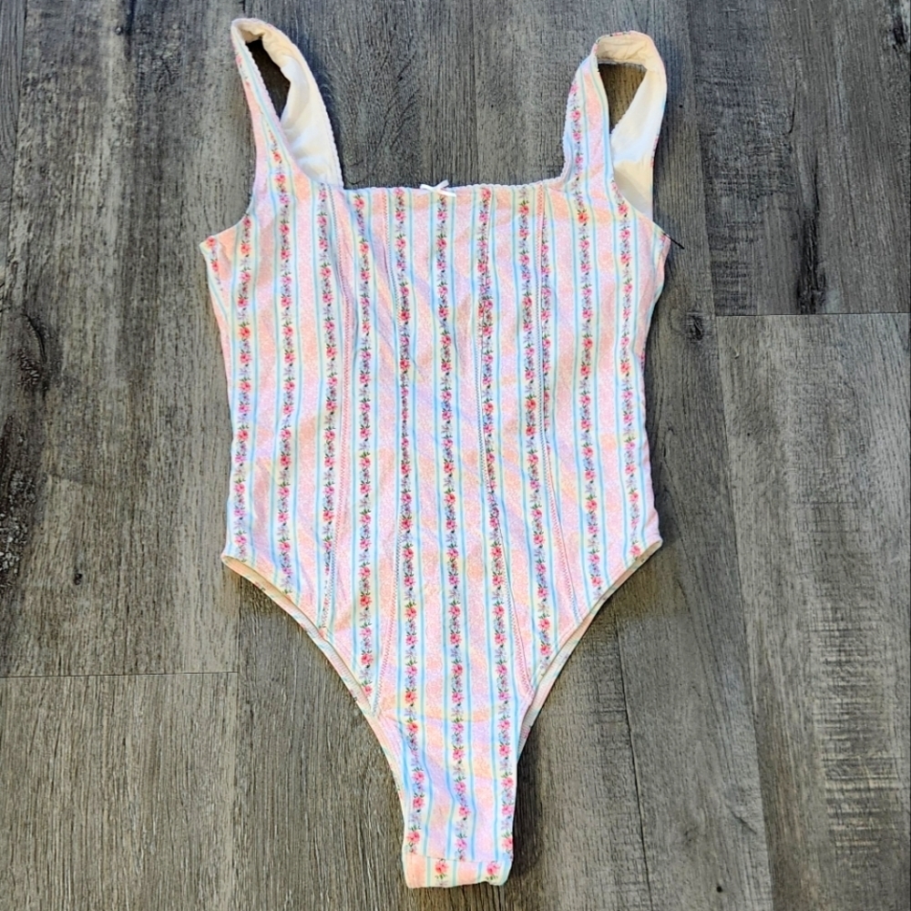 Frankie's Bikinis White One-Piece with Pink and Light Blue Floral Stripes - Picture 5 of 12